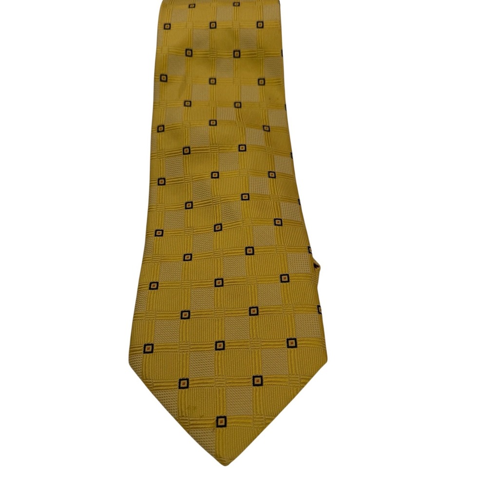 Brioni Santostefano Yellow Geometric Silk Tie HandMade Italy Checkered Navy TD17